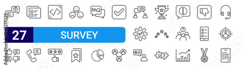 set of 27 thin line survey icons such as answer, testimonials, document, phone survey, coding, rating, emoji, bookmark, faq. editable stroke vector illustration isolated on white