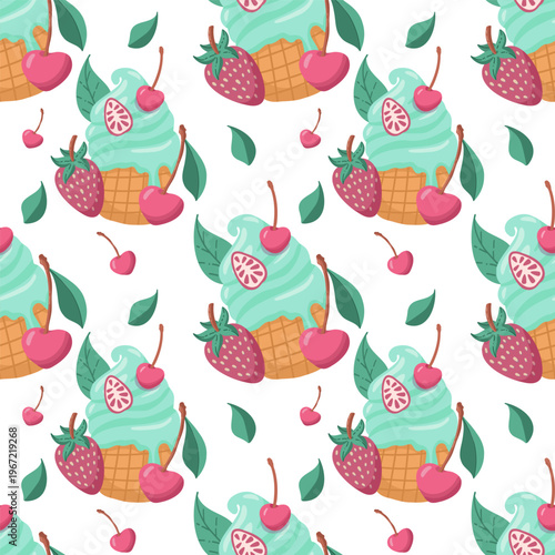 Seamless pattern with ice cream. Vector illustration is ideal for making postcards, posters, covers, and prints on T-shirts, pillows, apparel, textiles, wallpapers, packages