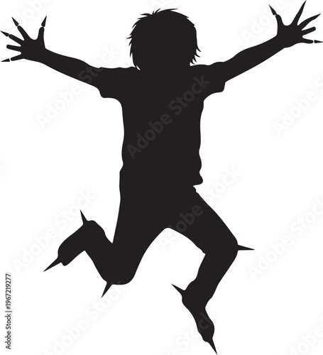 Black silhouette of a child jumping with outstretched arms