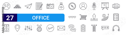 set of 27 thin line office icons such as sad, earn money, gold bars, location mark, send, equalizer, write, award, photo camera. editable stroke vector illustration isolated on white