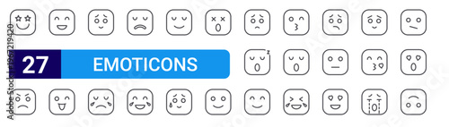 set of 27 thin line emoticons icons such as impressed, angry, happy, happy, worry, cry, sad, laugh, happy. editable stroke vector illustration isolated on white