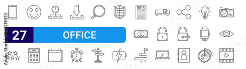 set of 27 thin line office icons such as phone, stars, happy, calculator, time management, calendar, download, alarm clock, search. editable stroke vector illustration isolated on white