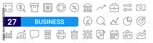 set of 27 thin line business icons such as calculator, chart, search, graph, money, comment, bank, hotel, pie chart. editable stroke vector illustration isolated on white