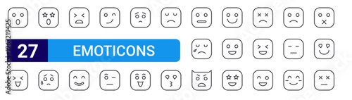 set of 27 thin line emoticons icons such as shock, happy, impressed, worry, annoyed, happy, happy, amazed, sad. editable stroke vector illustration isolated on white
