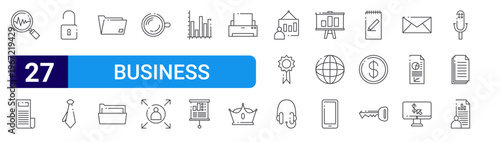 set of 27 thin line business icons such as search analysis, file case, unlocking, tie up, folder arrangement, folder arrangement, drink, share, bars. editable stroke vector illustration isolated on
