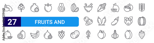 set of 27 thin line fruits and vegetables icons such as olive, mandarin, artichoke, kiwi, pomegranate, banana, persimmon, onion, papaya. editable stroke vector illustration isolated on white