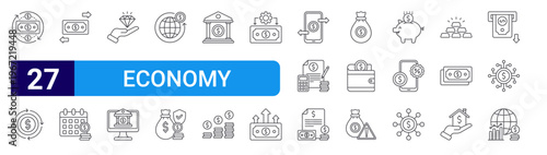 set of 27 thin line economy icons such as circular economy, return on investment, transaction, calendar, diamond, online banking, economy, savings, bank. editable stroke vector illustration isolated