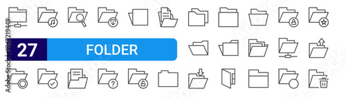 set of 27 thin line folder icons such as computer folder, folder, music file, file access, search file, editable stroke vector illustration isolated on white