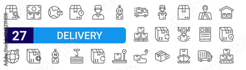 set of 27 thin line delivery icons such as package tracking, map, money, box, international shipping, fast delivery, express delivery, container, courier. editable stroke vector illustration