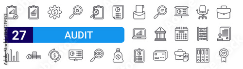 set of 27 thin line audit icons such as analysis, graph, analysis, dollar coins, money management, money exchange, failed, analysis, quality control. editable stroke vector illustration isolated on