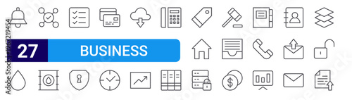 set of 27 thin line business icons such as notification, water, network, oil barrel, list, lock, credit card, clock, download. editable stroke vector illustration isolated on white