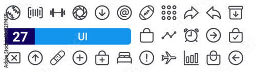 set of 27 thin line ui icons such as baseball, backspace, barcode, up arrow, barbell, bandage, aperture, add, down arrow. editable stroke vector illustration isolated on white