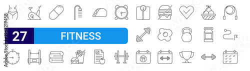 set of 27 thin line fitness icons such as waist, clock, running, lifter, capsule, towel, bath, no fast food, food. editable stroke vector illustration isolated on white
