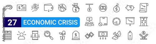 set of 27 thin line economic crisis icons such as no car, calculator, cheque, depression, economic crisis, oil, wallet, search, economic crisis. editable stroke vector illustration isolated on white