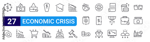 set of 27 thin line economic crisis icons such as crisis, real estate, economic crisis, stock market, no bag, shopping cart, coffin, coins, real estate. editable stroke vector illustration isolated