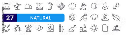 set of 27 thin line natural resources icons such as hydro power, magnet, bio energy, natural resources, rock, seaweed, water well, honeycomb, log. editable stroke vector illustration isolated on
