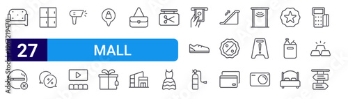 set of 27 thin line mall icons such as couch, no smoking, locker, chat, barcode scanner, cinema, location pin, gift box, woman bag. editable stroke vector illustration isolated on white