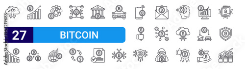 set of 27 thin line bitcoin icons such as cloud mining, data analysis, data analysis, bitcoin, bitcoin mining, growth, blockchain, exchange, bank. editable stroke vector illustration isolated on