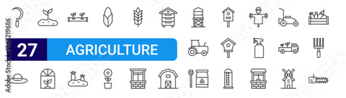 set of 27 thin line agriculture icons such as sickle, farmer hat, plant, greenhouse, hydroponic, carrot, corn, flower, wheat. editable stroke vector illustration isolated on white