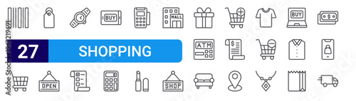 set of 27 thin line shopping icons such as barcode, shopping cart, label, open, wristwatch, shopping list, buy, calculator, credit card. editable stroke vector illustration isolated on white