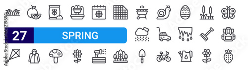 set of 27 thin line spring icons such as grass, kite, orange, raincoat, fertilizer, mushroom, fountain, flower, calendar. editable stroke vector illustration isolated on white