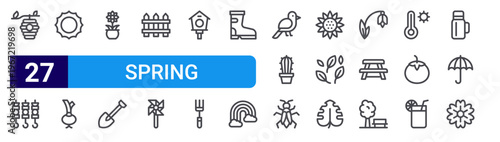 set of 27 thin line spring icons such as honey,, sun, onion, flower pot, shovel, fence, pinwheel, bird house. editable stroke vector illustration isolated on white