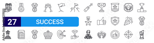 set of 27 thin line success icons such as gift, trophy, medal, list, medal, medal, cheers, crown, flag. editable stroke vector illustration isolated on white