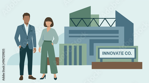 Modern business team illustration with corporate office building backdrop