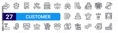 set of 27 thin line customer review icons such as customer, competition, badge, bad review, cook book, review, music, customer seller. editable stroke vector illustration isolated on white