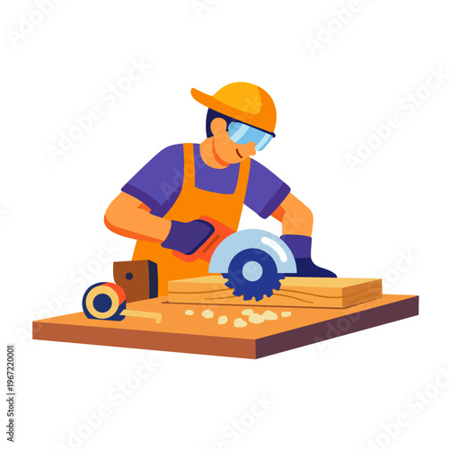Vector illustration of a skilled carpenter cutting wood with a circular saw, skilled trade concept.