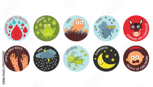 Plague icon set with biblical symbols and illustrations