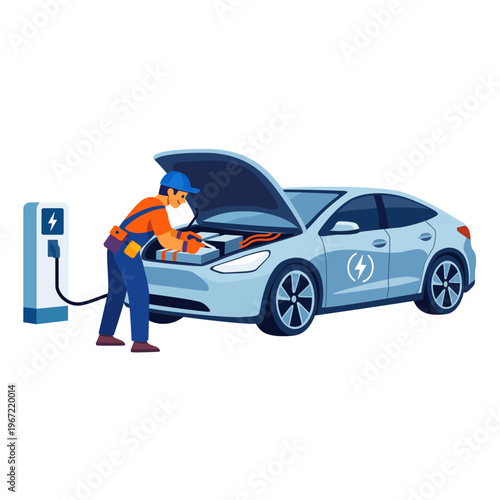 Vector illustration of a skilled auto mechanic repairing an electric vehicle at a charging station, skilled trade concept.