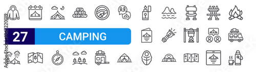 set of 27 thin line camping icons such as raincoat, rain, calendar, map, tent, compass, logs, forest,. editable stroke vector illustration isolated on white