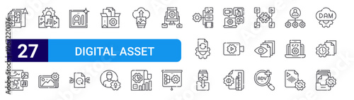 set of 27 thin line digital asset management icons such as share, analytics, digital as management, picture, artificial intelligence, back up, storage, as, upload. editable stroke vector