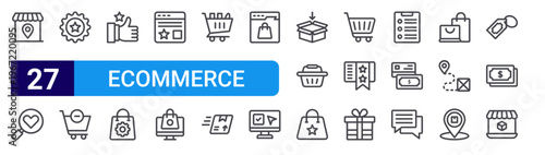 set of 27 thin line ecommerce icons such as store, love, badge, remove from cart, like, management, online review, online shopping, shopping cart. editable stroke vector illustration isolated on