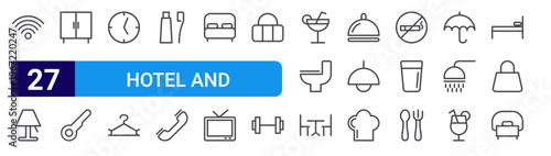 set of 27 thin line hotel and restaurant icons such as wifi, table lamp, cupboard, key, clock, hanger, dental care, telephone, double bed. editable stroke vector illustration isolated on white