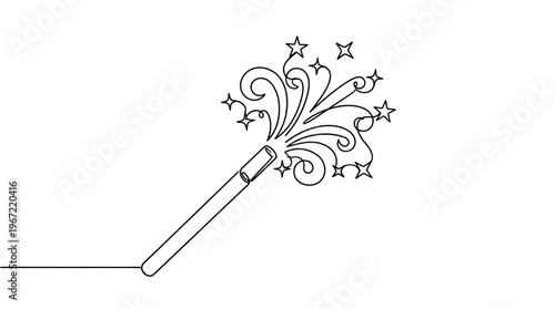 Continuous line drawing of a magic wand casting a spell with shimmering stars and decorative swirls, symbolizing enchantment, dreams, and the power of imagination
