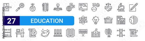 set of 27 thin line education icons such as science, abacus, search, table, earth, report card, stationery, saturn, knowledge. editable stroke vector illustration isolated on white