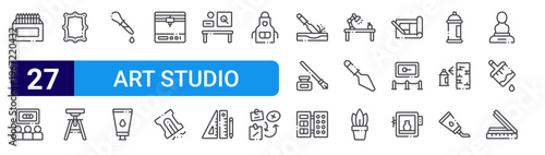 set of 27 thin line art studio icons such as color pencils, art show, frame, stool, pipette, paint, d printer, pencil sharpener, studio. editable stroke vector illustration isolated on white