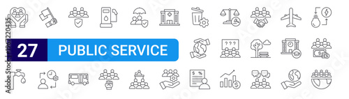 set of 27 thin line public service icons such as social services, clean water, freedom, time management, public safety, bus, gas station, democracy, insurance. editable stroke vector illustration