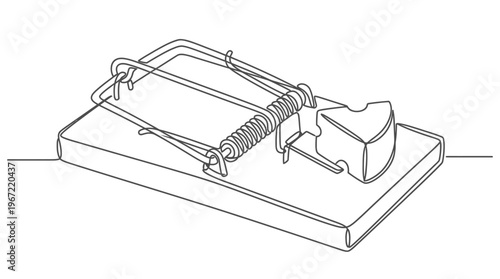 Minimalist Line Art Illustration of a Classic Mousetrap Baited with Cheese, Symbolizing Danger, Problem Solving, and Strategic Thinking for Success