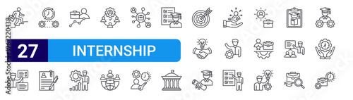 set of 27 thin line internship icons such as mentorship, presentation, full time job, resume, career, development, organization, teamwork, networking. editable stroke vector illustration isolated on
