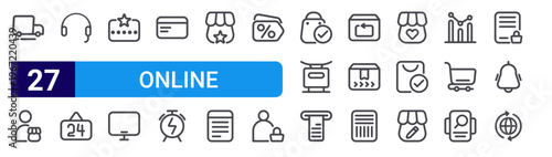 set of 27 thin line online shopping icons such as shipping, seller, customer service, open, review, computer, payment, flash sale, official store. editable stroke vector illustration isolated on