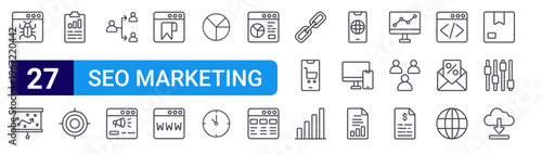 set of 27 thin line seo marketing icons such as virus, strategy, clipboard, target, affiliate marketing, marketing, bookmark, domain, pie chart. editable stroke vector illustration isolated on white