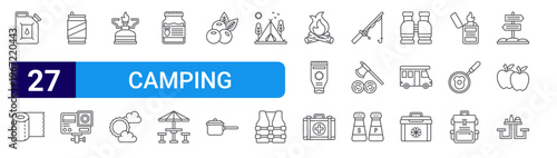 set of 27 thin line camping icons such as jerrycan, toilet paper, beer can, action camera, camping gas, sunny, jam, picnic table, berry. editable stroke vector illustration isolated on white