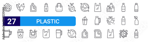 set of 27 thin line plastic pollution icons such as warming, tumbler, rubbish, recycling bin, detergent, eco bag, tumbler, plastic bag, eco bag. editable stroke vector illustration isolated on white