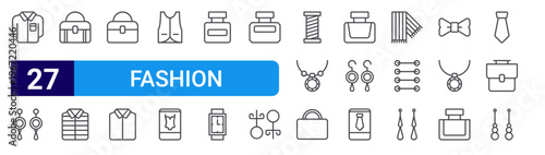 set of 27 thin line fashion icons such as shirt, earrings, bag, puffer, bag, shirt, vest, app, parfume. editable stroke vector illustration isolated on white