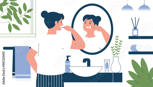 A woman brushing her teeth in a modern bathroom with a mirror