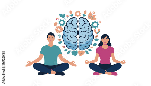 Brain illustration with a man and woman meditating in lotus position