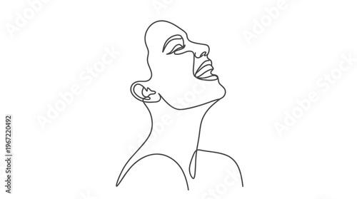Minimalist line art illustration of a woman's face with her head tilted back and mouth open in a joyful expression, capturing a moment of pure bliss and freedom